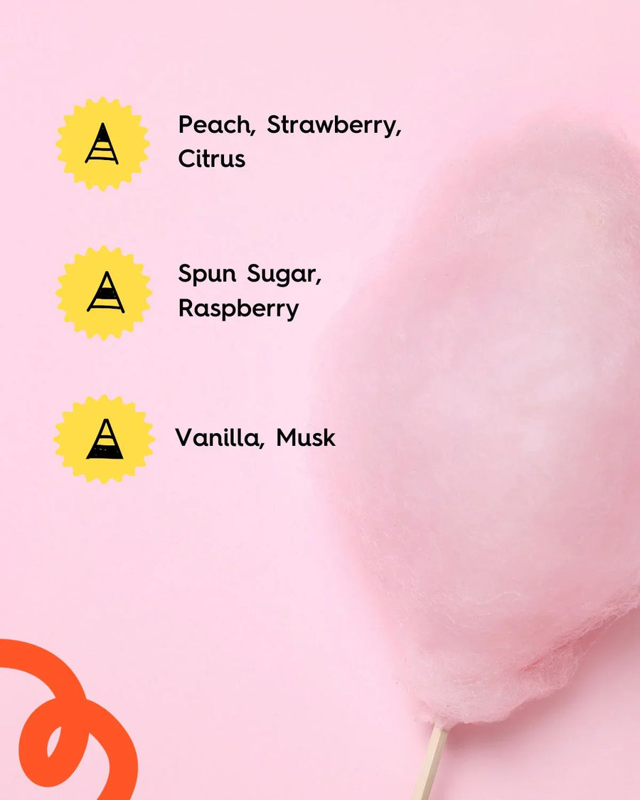 Pink cotton candy on stick with fragrance notes: peach, strawberry, citrus, spun sugar, raspberry, vanilla, musk on pastel pink background.