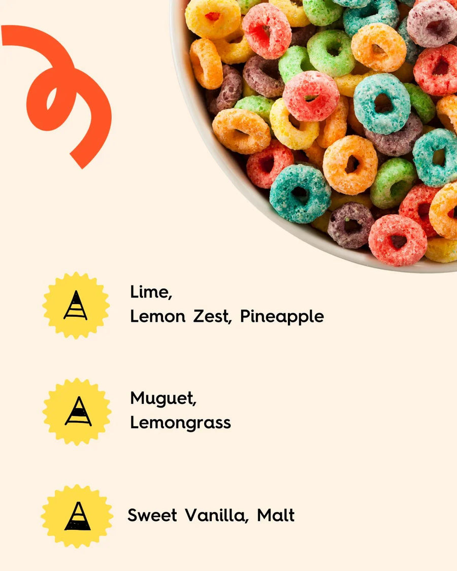 Bowl of colorful fruit cereal rings with fragrance notes lime, lemon zest, pineapple, vanilla, malt.