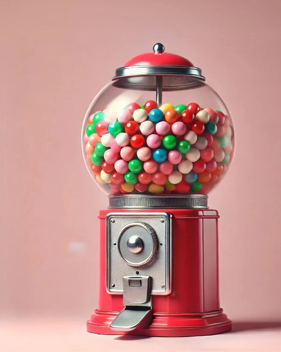 Red vintage gumball machine filled with colorful gumballs on a pink background