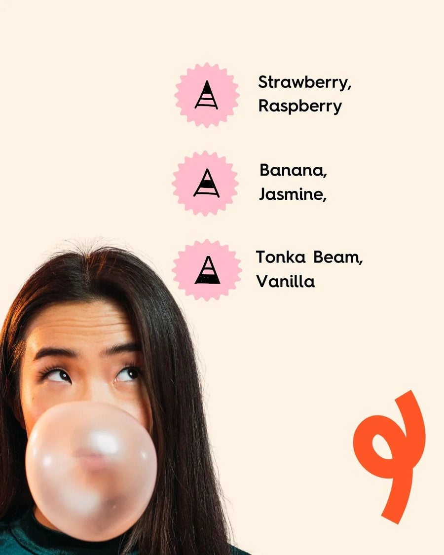 Woman blowing bubblegum with strawberry, raspberry, banana, jasmine, vanilla scent notes listed