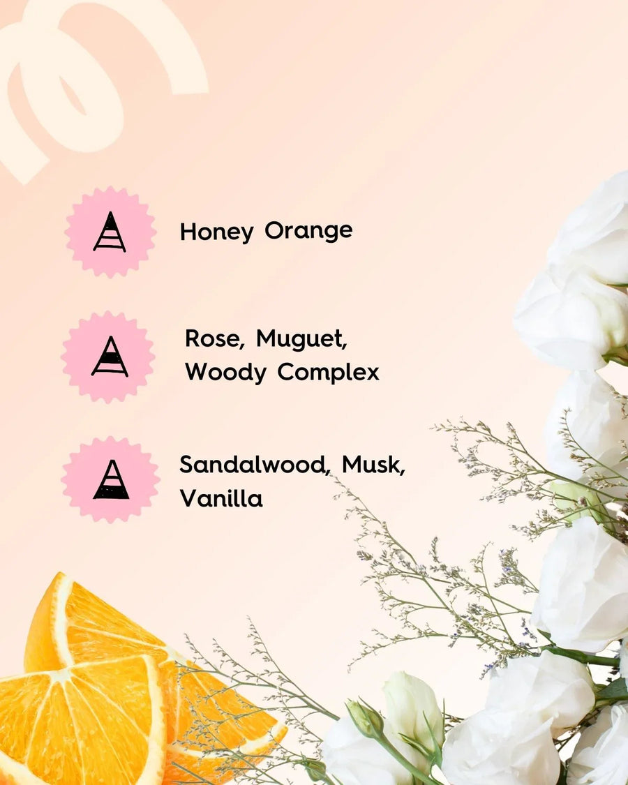 Candle fragrance notes with honey orange, rose, sandalwood, musk, vanilla, and white flowers.