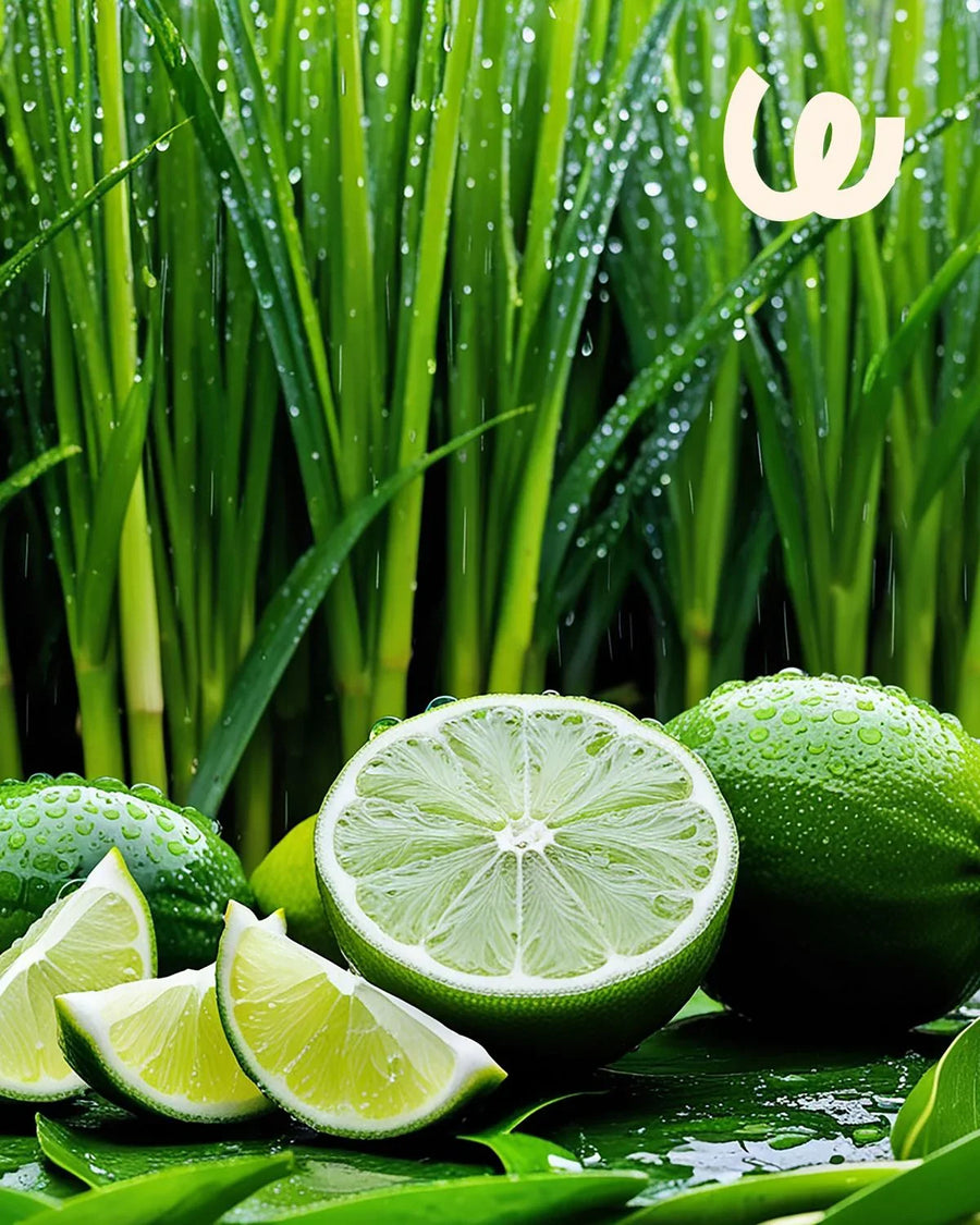 Fresh lime slices and lemongrass with water droplets, ideal for candle making supplies