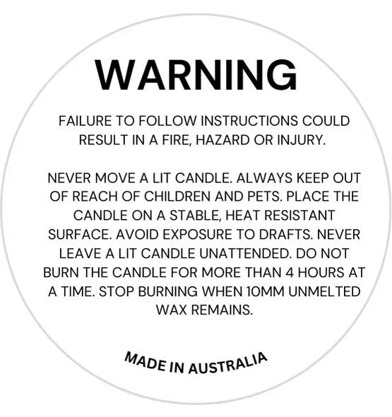 Candle safety warning label with burn instructions and Made in Australia text