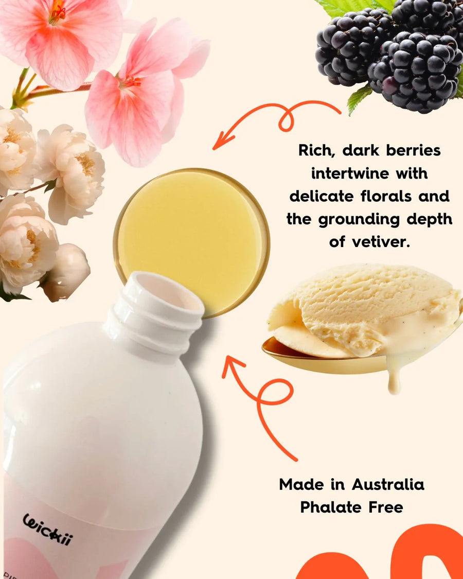 Fragrance oil bottle with blackberries, florals, vanilla ice cream, and descriptive text.