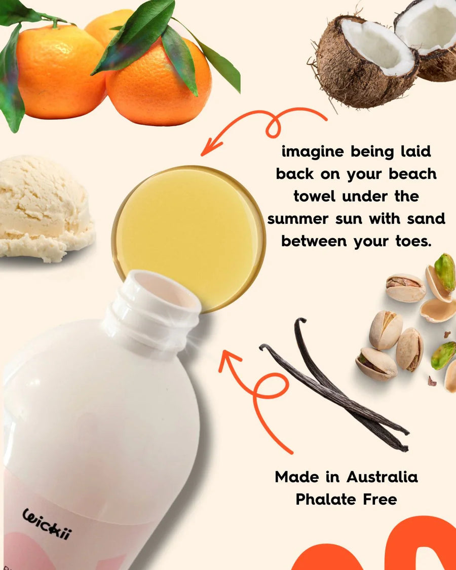 Fragrance oil bottle with orange, coconut, vanilla, pistachio, and ice cream ingredients