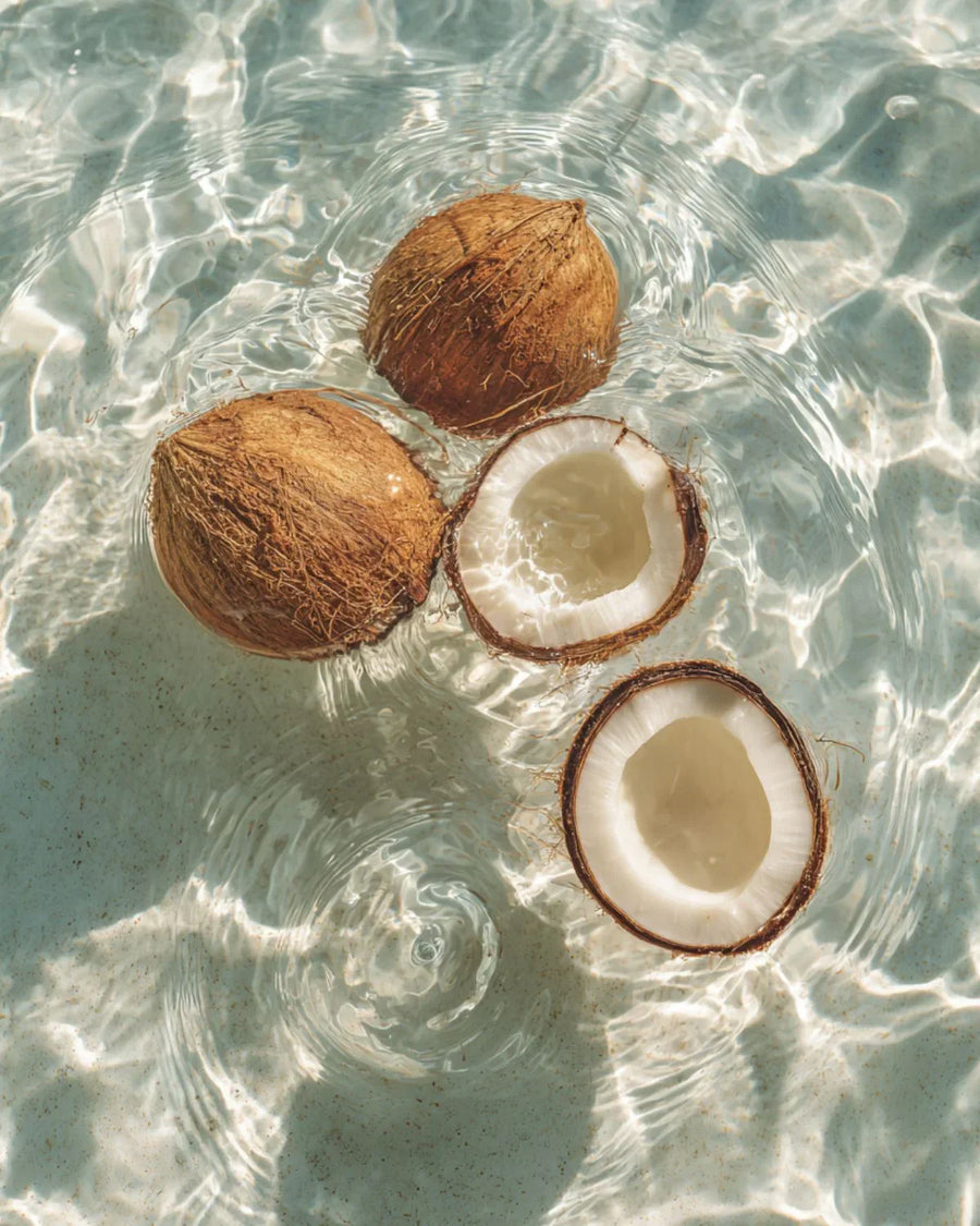 Whole and halved coconuts floating in clear water, natural tropical scent concept