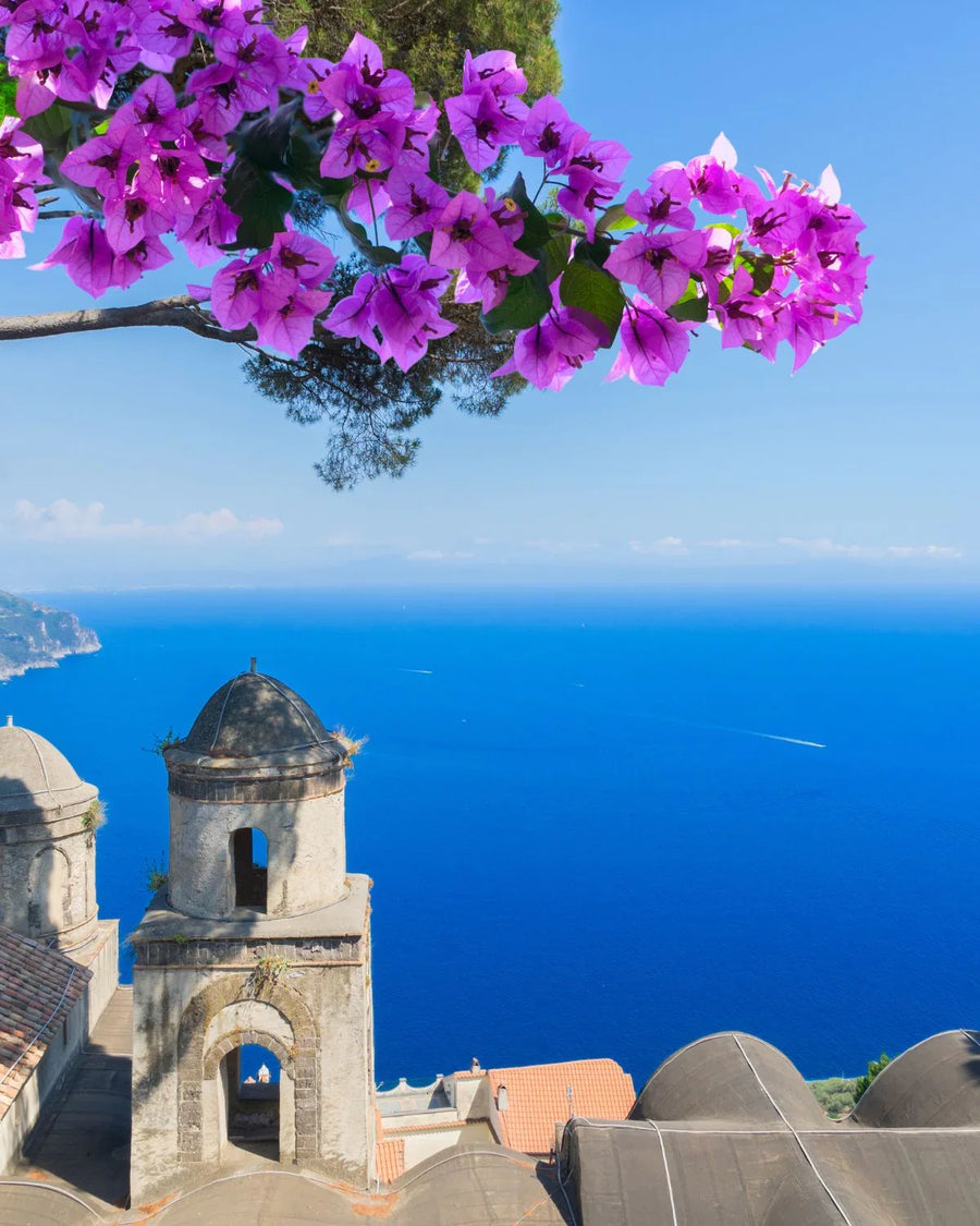 Purple bougainvillea flowers over old stone building with domes and blue sea view