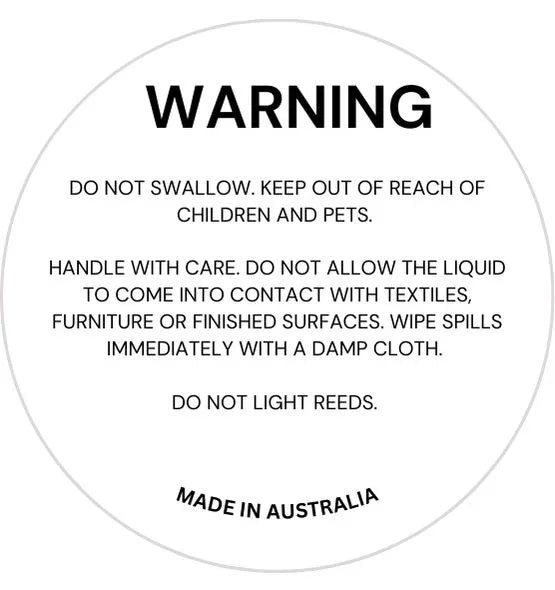 Diffuser warning label with safety instructions and made in Australia text.
