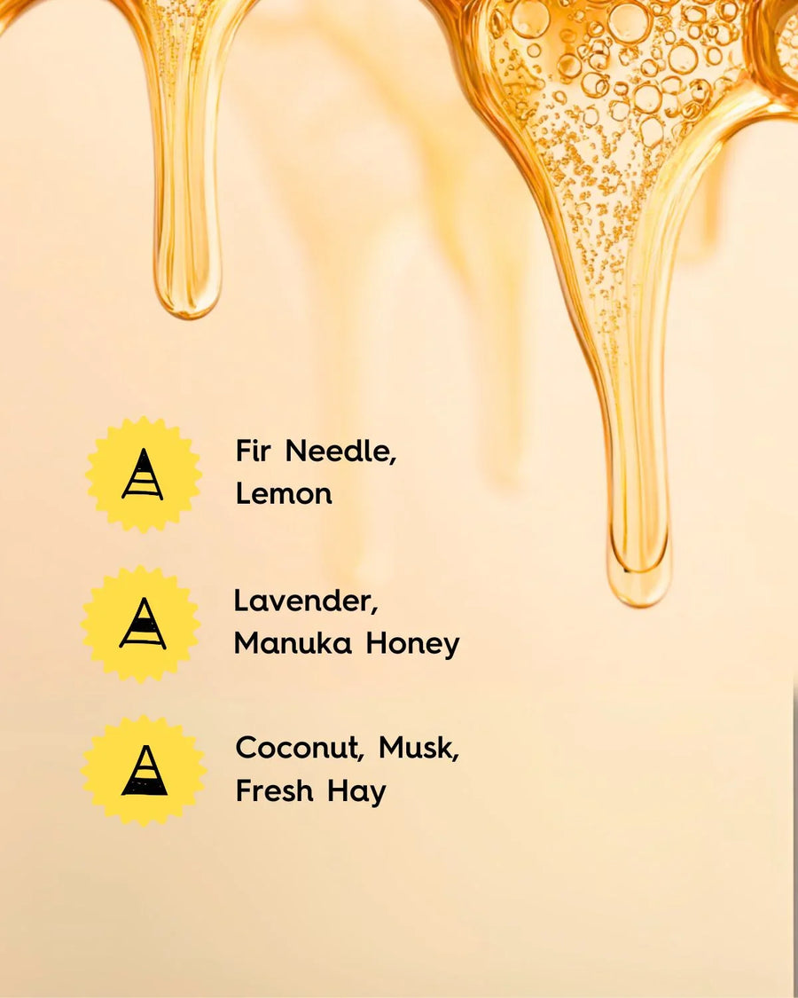 Golden honey dripping with text listing fragrance oil scents: fir needle lemon, lavender manuka honey, coconut musk fresh hay.