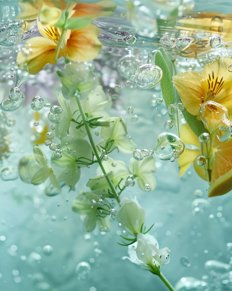 White and yellow flowers underwater with fragrance oil bubbles