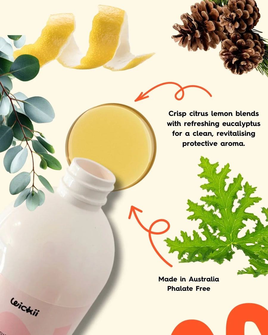 Fragrance oil bottle with lemon peel, eucalyptus leaves, pine cones, and green foliage highlighting citrus and eucalyptus scent.