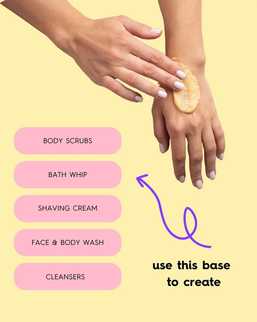 Hand applying creamy soap base for making body scrubs, bath whips, shaving cream, cleansers
