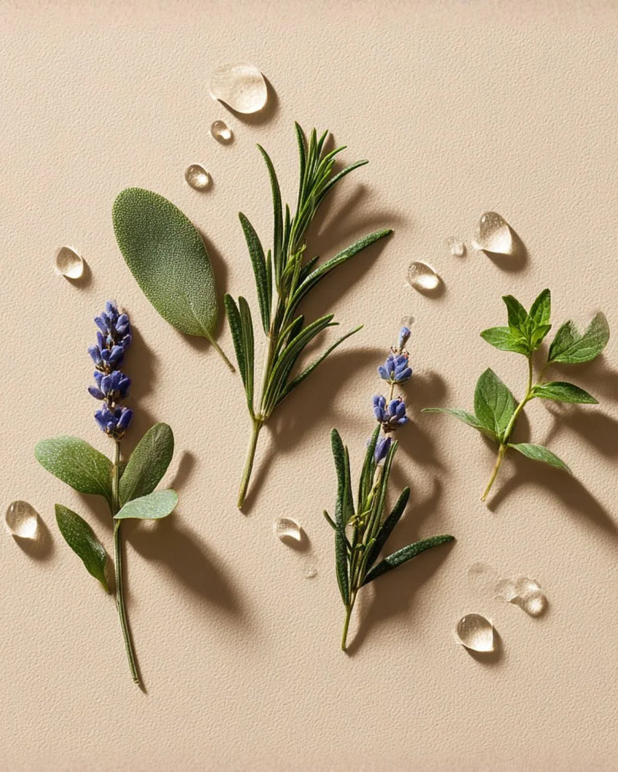Fresh lavender, rosemary, and green herbs with water droplets on a neutral background