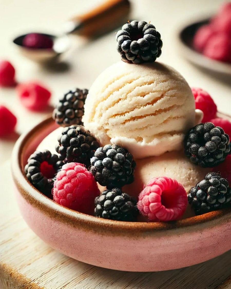 Vanilla ice cream in a pink bowl topped with fresh blackberries and raspberries