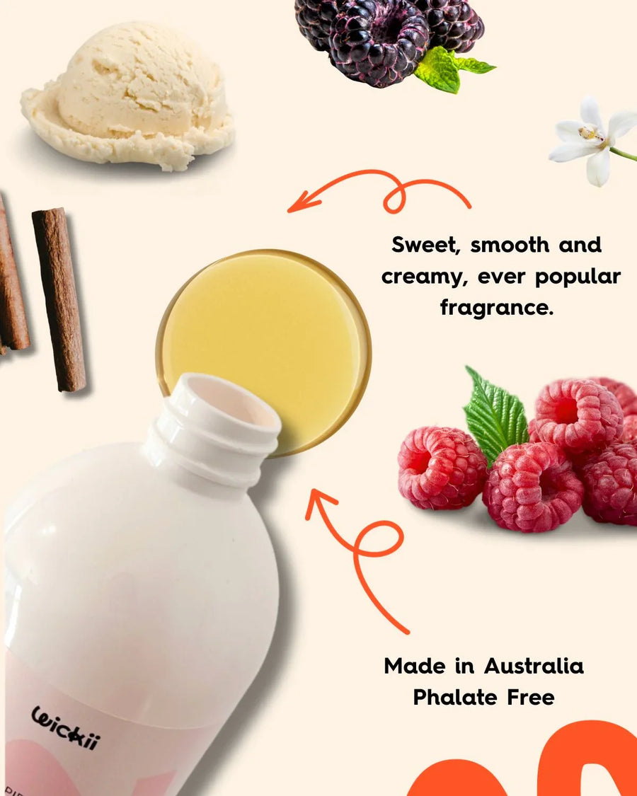 Fragrance oil bottle with vanilla ice cream, berries, raspberries, cinnamon and flower ingredients