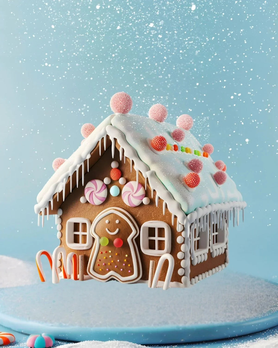 Decorative gingerbread house with candy, icing, and snow, festive holiday setting