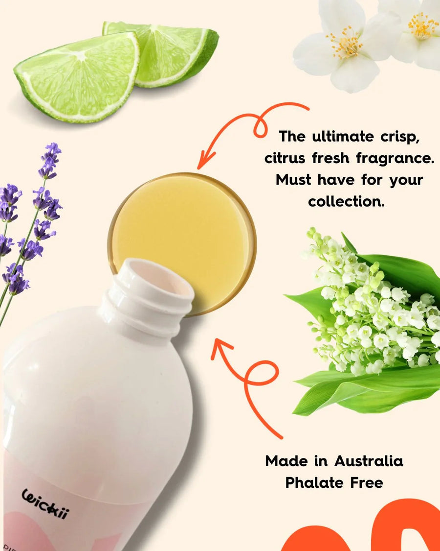 Fragrance oil bottle with citrus, lavender, jasmine, lily of the valley, made in Australia.
