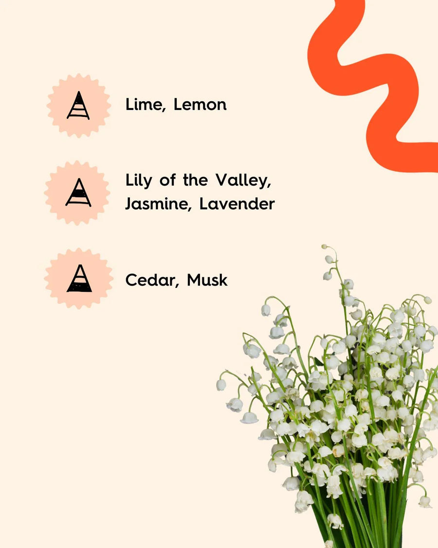 Fragrance notes chart with lime, lemon, lily of the valley, jasmine, lavender, cedar, musk, and bouquet of white flowers