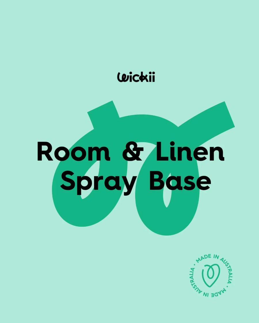 Room and linen spray base label with made in Australia badge on light green background