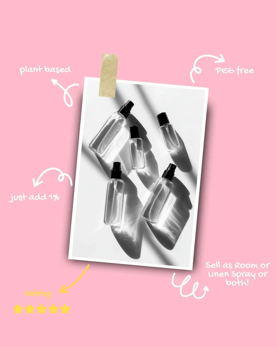 Four clear spray bottles on white background with text highlighting plant-based, PEG free, and room or linen spray uses