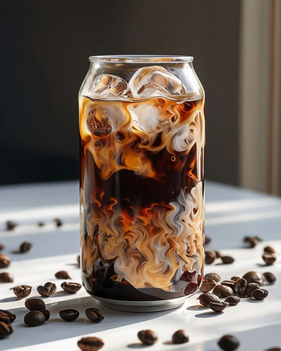 Iced coffee in a can-shaped glass with swirling cream and coffee beans on a bright table
