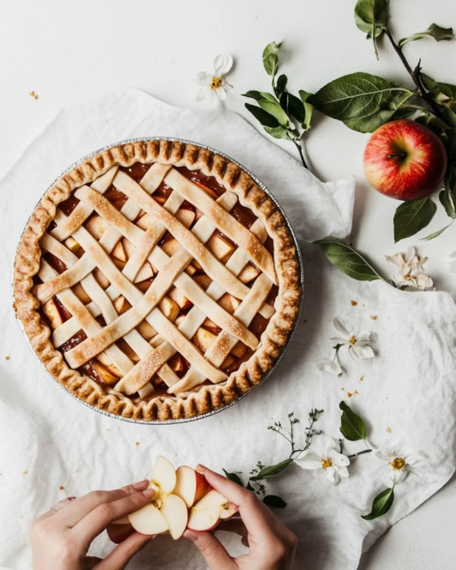 Homemade apple pie with lattice crust, fresh apple slices and green leaves on white cloth