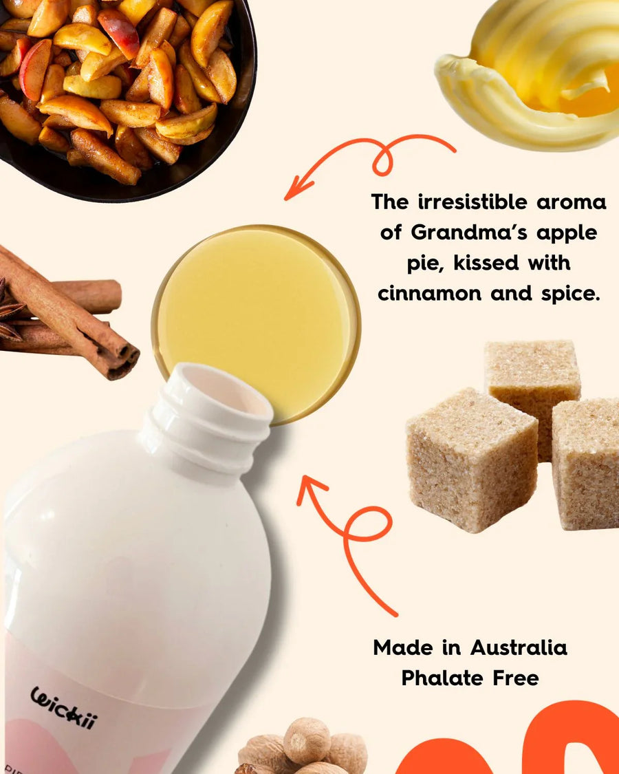 Apple pie fragrance oil bottle with apple slices, cinnamon, sugar cubes, and butter visuals.