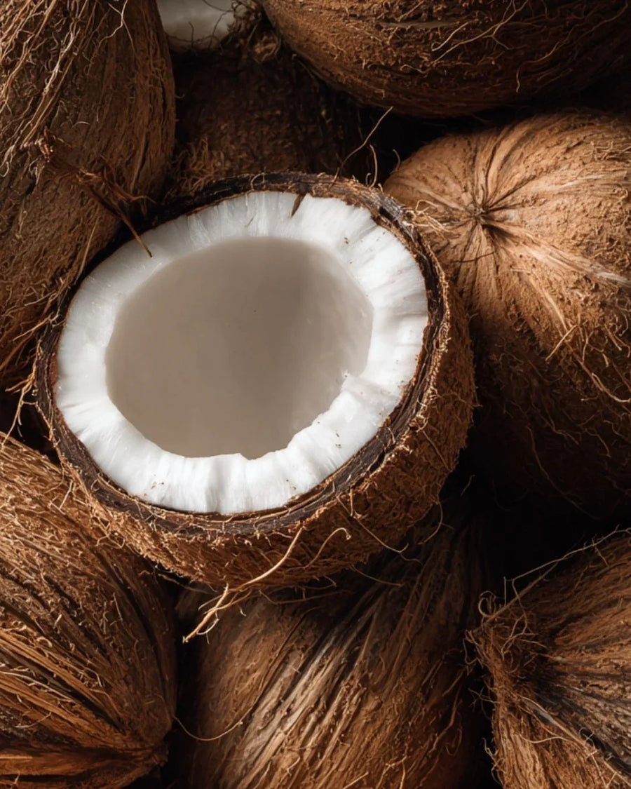 Close-up of fresh brown coconuts, one halved to show white coconut flesh.
