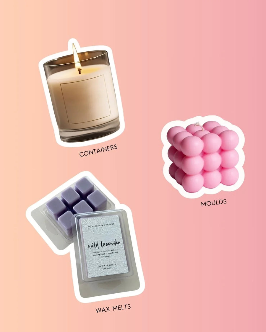 Glass candle container, pink bubble candle mould, and lavender wax melts on a pink background
