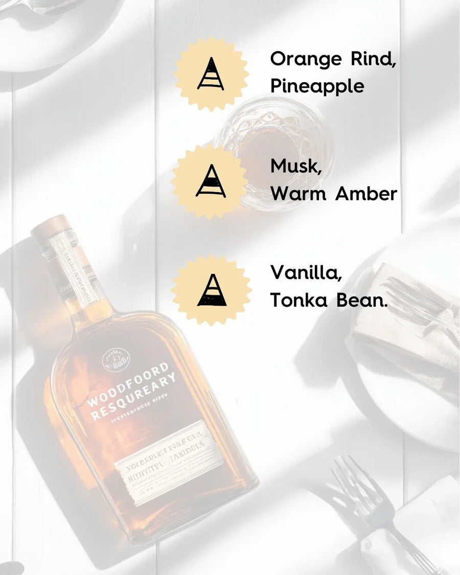 Woodford Reserve bottle on table with flavor notes: orange rind, pineapple, musk, warm amber, vanilla, tonka bean.