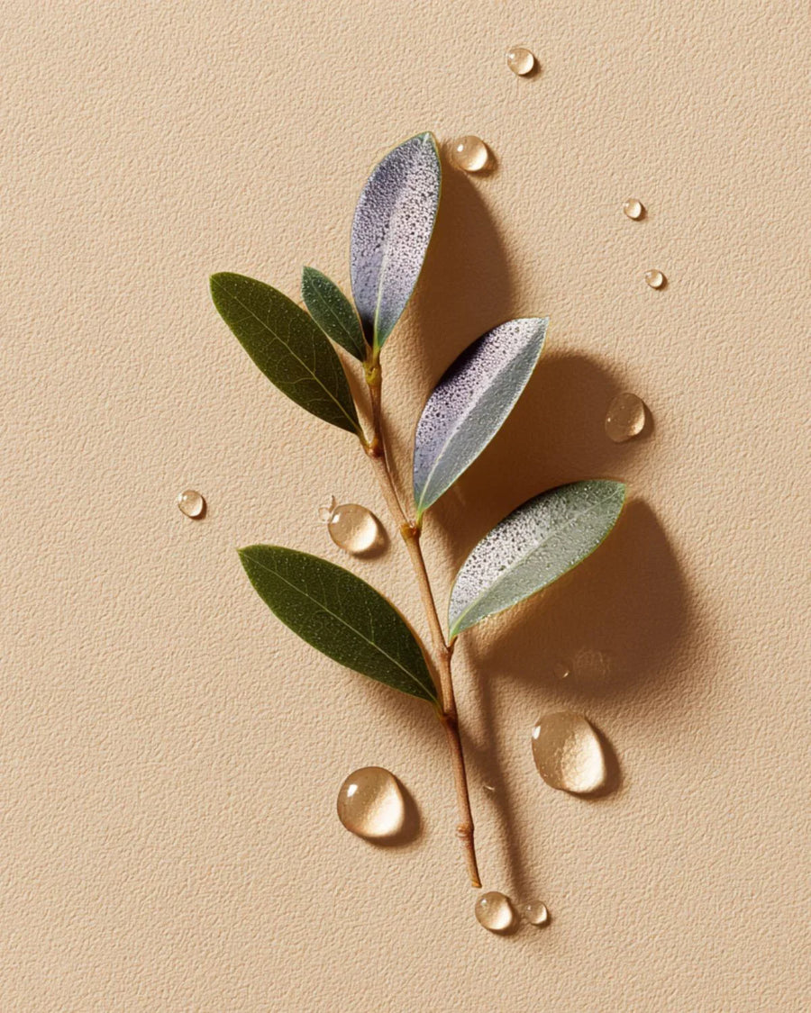 Camphor branch with green and silvery leaves and water droplets on beige background