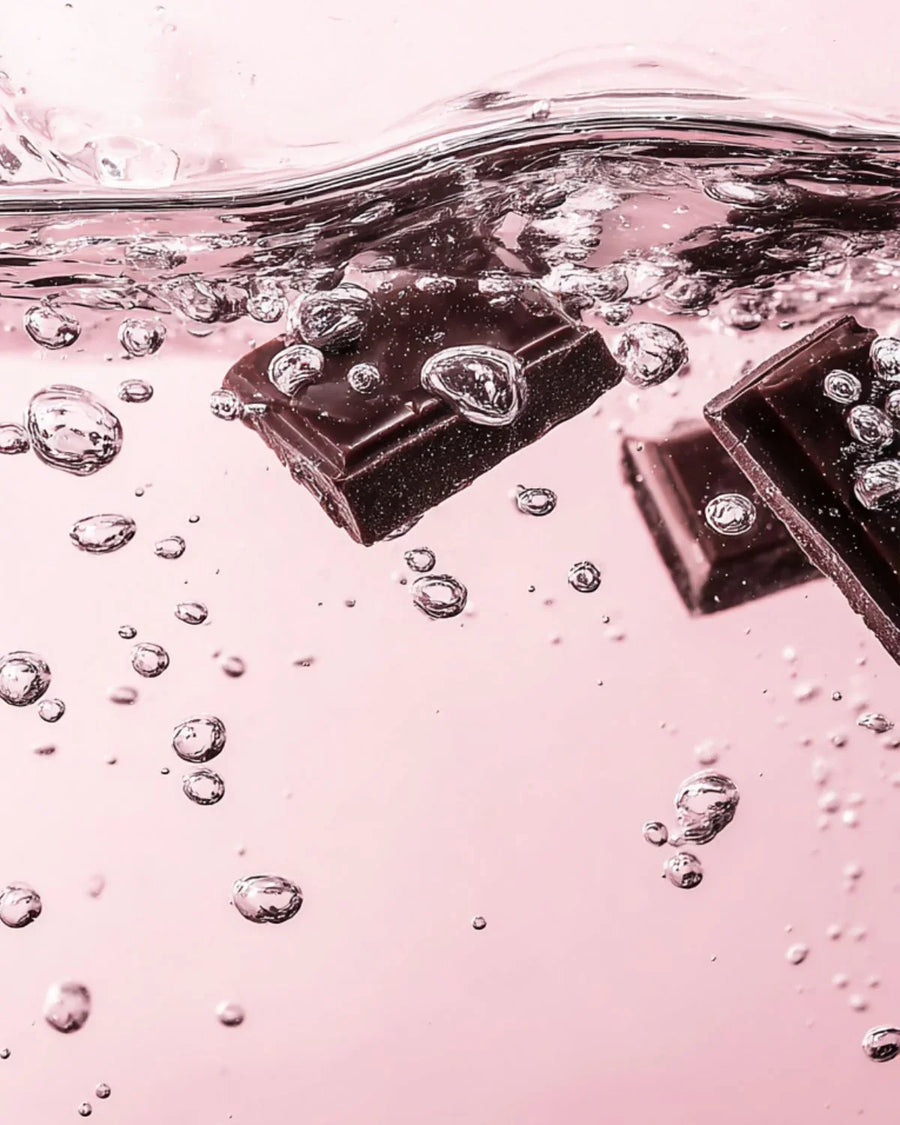 Chocolate pieces submerged in water with bubbles, pink background, chocolate fragrance oil