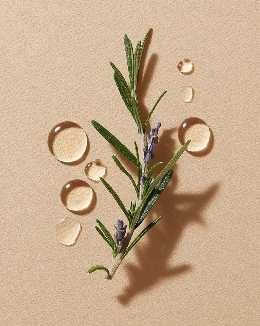 Rosemary sprig with essential oil drops on beige background for aromatherapy and candle making