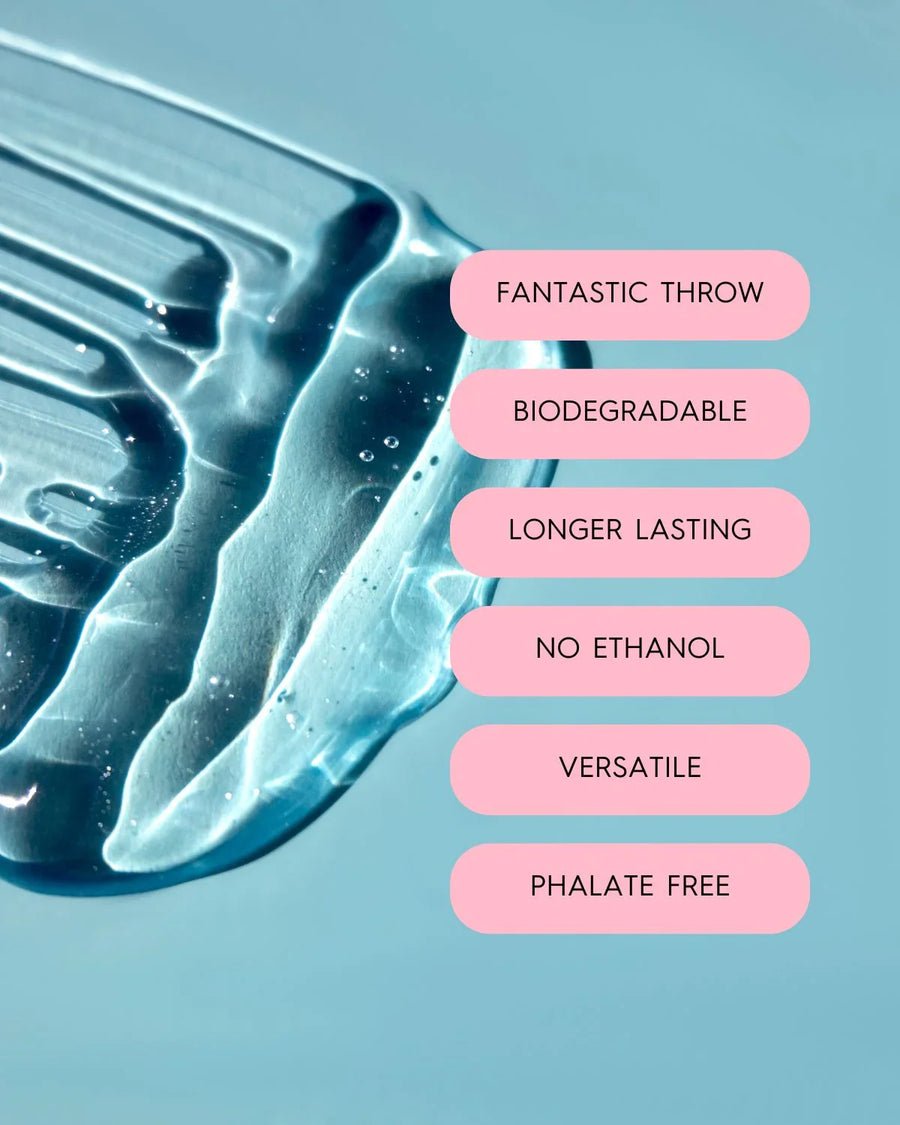 Clear gel texture on blue background with fragrance oil benefits listed in pink boxes.