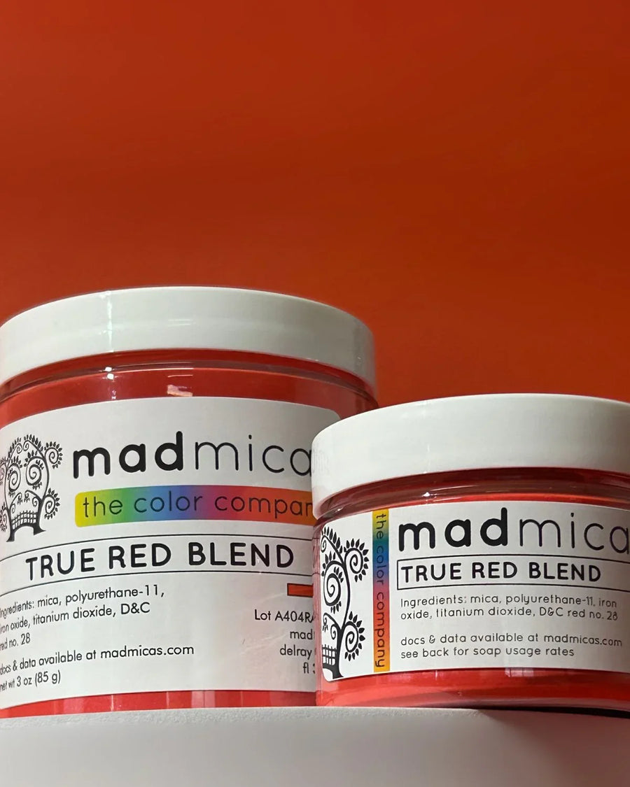 True Red Blend mica powder for candle and soap making in clear jars with white lids