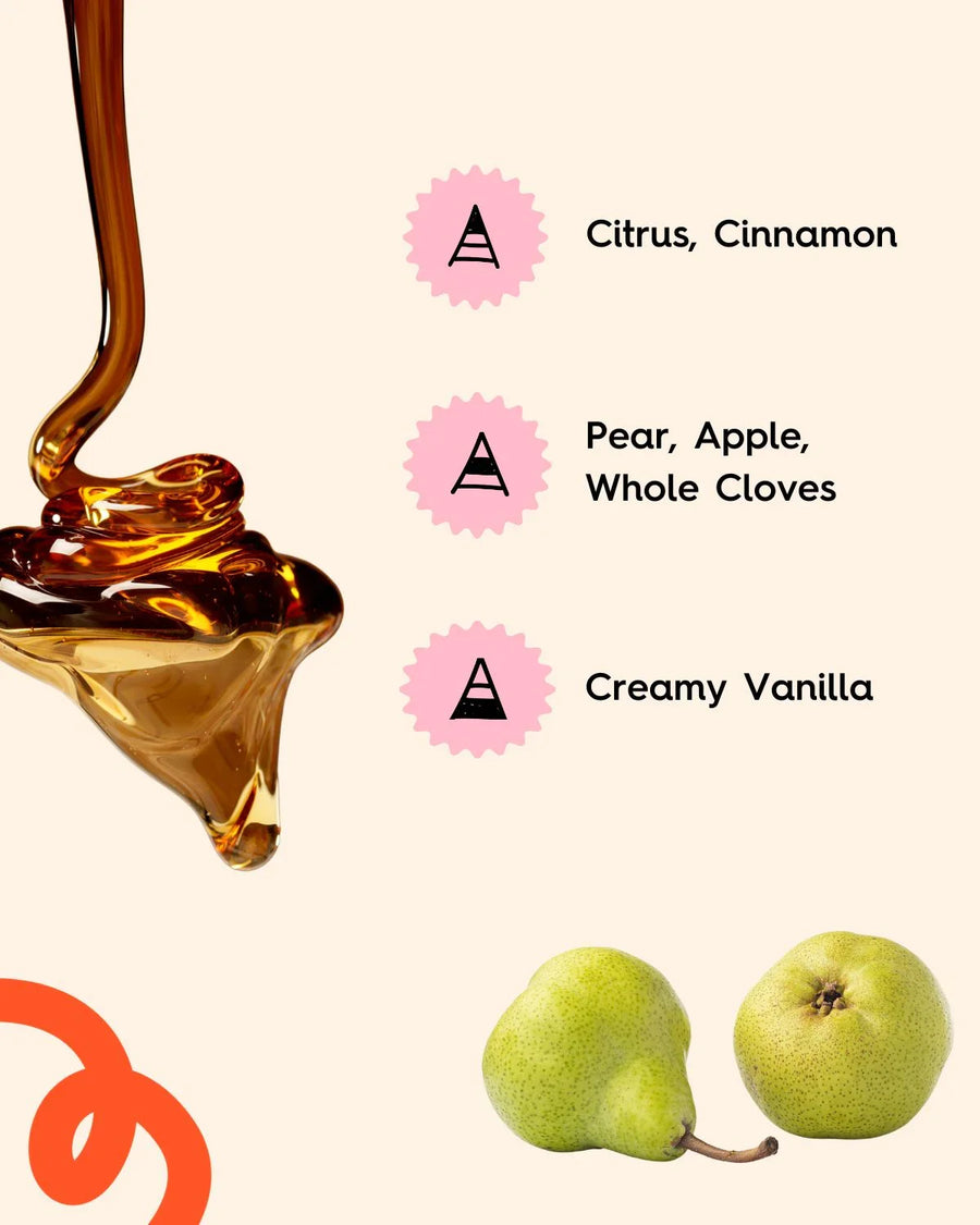 Honey pour with whole pears, and scent notes of citrus, cinnamon, apple, clove, and vanilla.