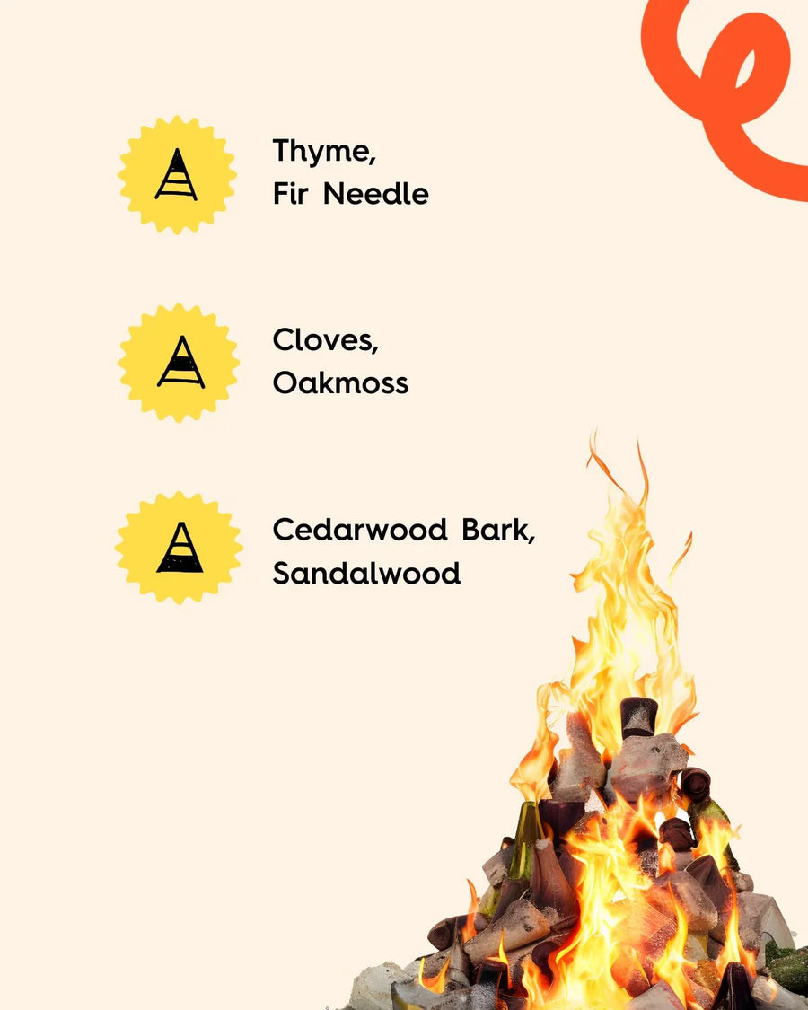 Scent list with thyme, fir needle, cloves, oakmoss, cedarwood bark, sandalwood, and campfire illustration.