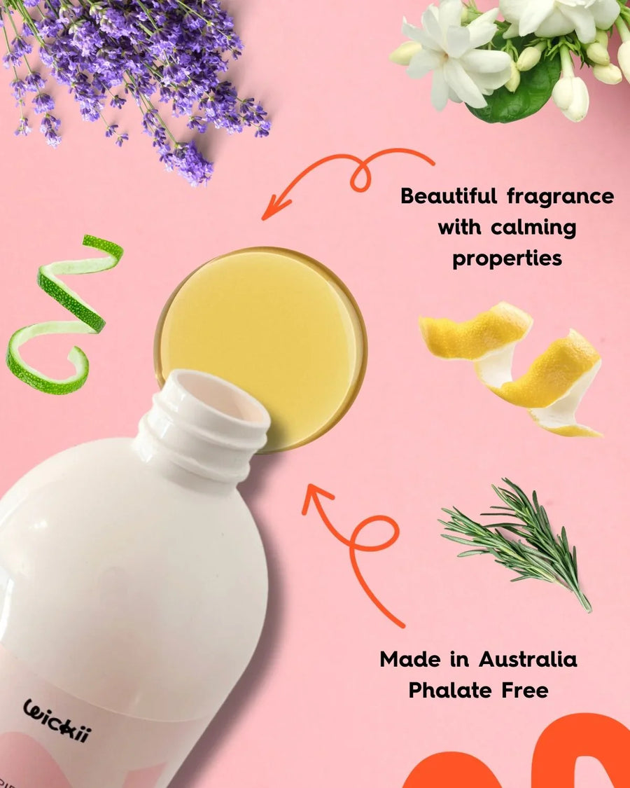 Fragrance oil bottle with lavender, jasmine, rosemary, lemon peel and text highlighting calming aroma and phthalate free, Australian made.