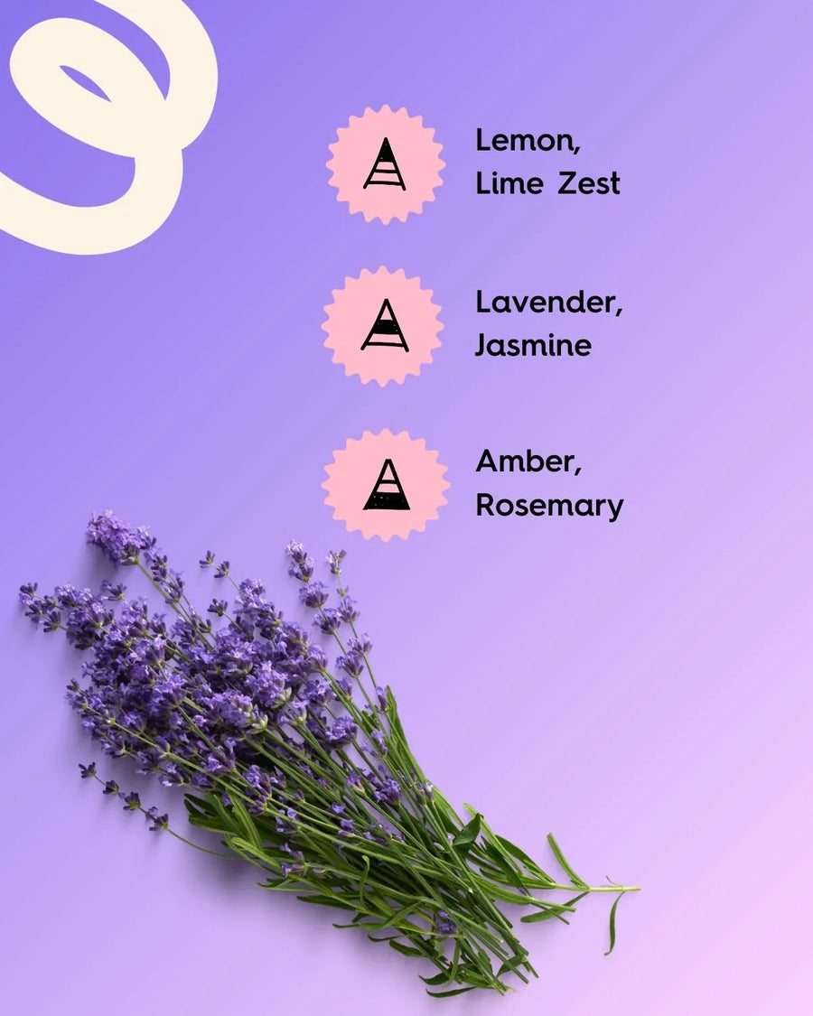 Lavender bouquet on purple background with text listing lemon, lime zest, jasmine, amber, rosemary fragrance notes.