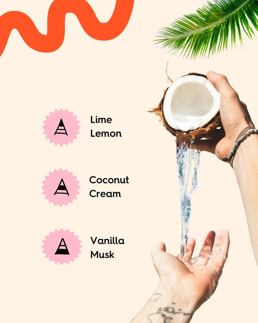 Pouring coconut water into hand with tropical fragrance notes lime, lemon, coconut cream, vanilla musk.