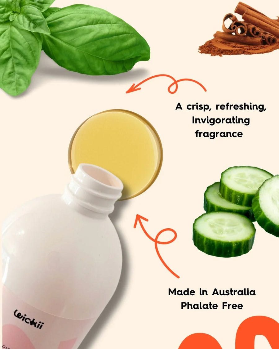 Fragrance oil bottle with fresh basil, cinnamon sticks, cucumber slices, and text highlights.