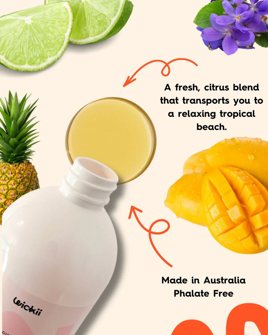 Fragrance oil bottle with lime, pineapple, mango, and violet for tropical candle making.