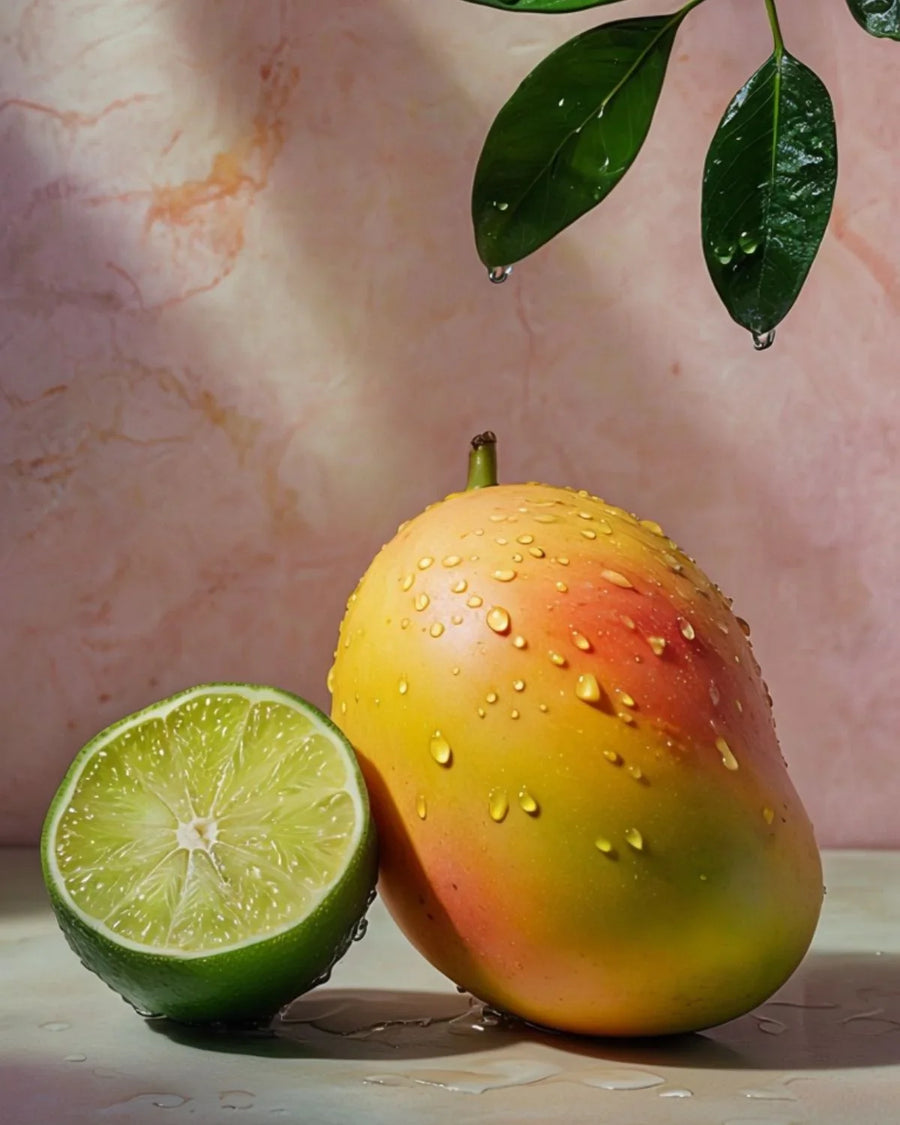 Fresh mango and lime with water droplets, vibrant fruits on light background for fragrance oils.