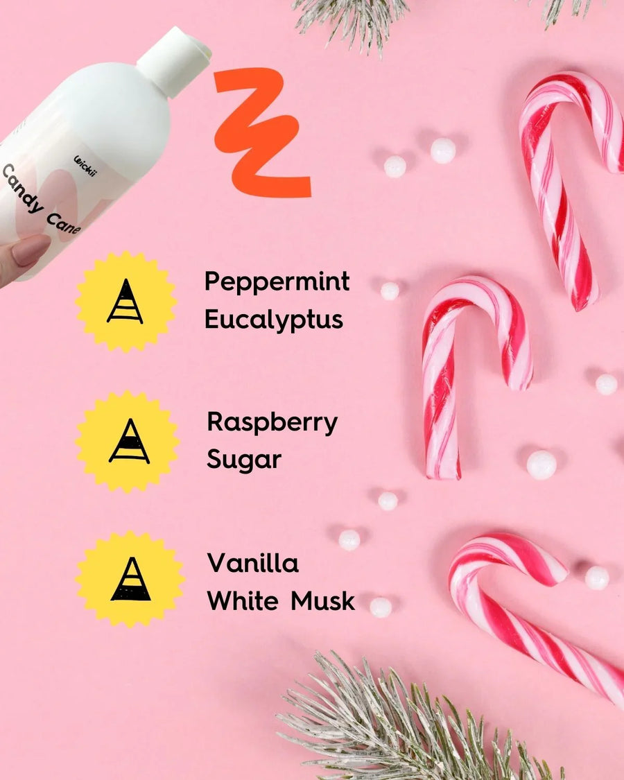 Candy Cane fragrance oil bottle with peppermint, candy canes, vanilla and raspberry notes on pink background