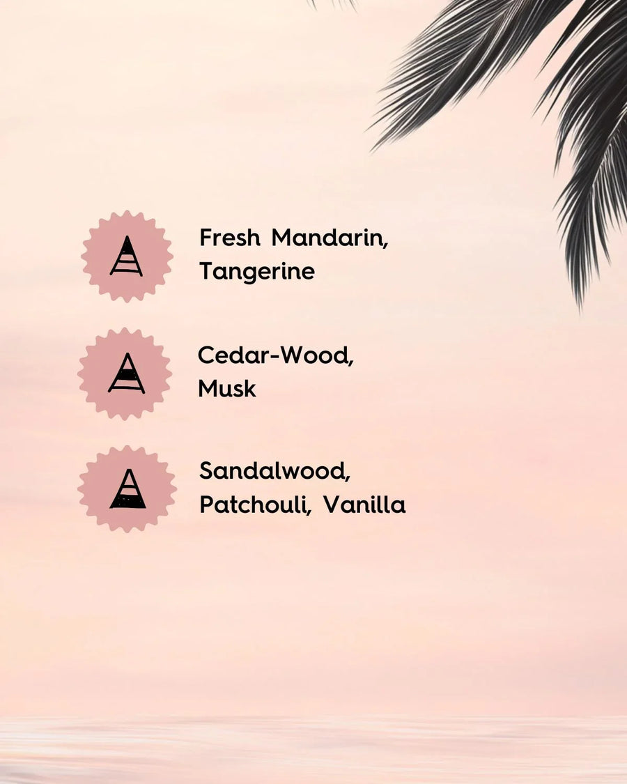 Tropical background with palm leaves and listed fragrance notes: mandarin, tangerine, cedarwood, musk, sandalwood, patchouli, vanilla.