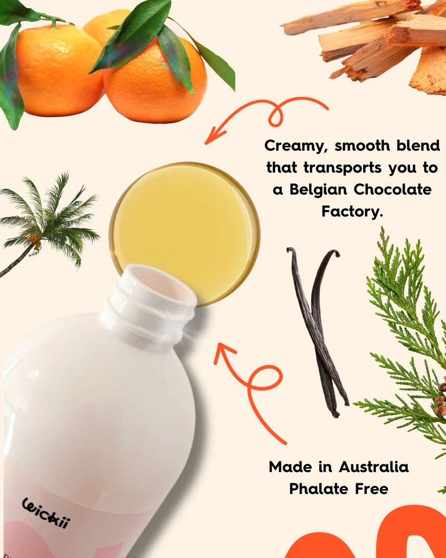 Fragrance oil bottle with vanilla, orange, wood, and palm for candle making supplies.