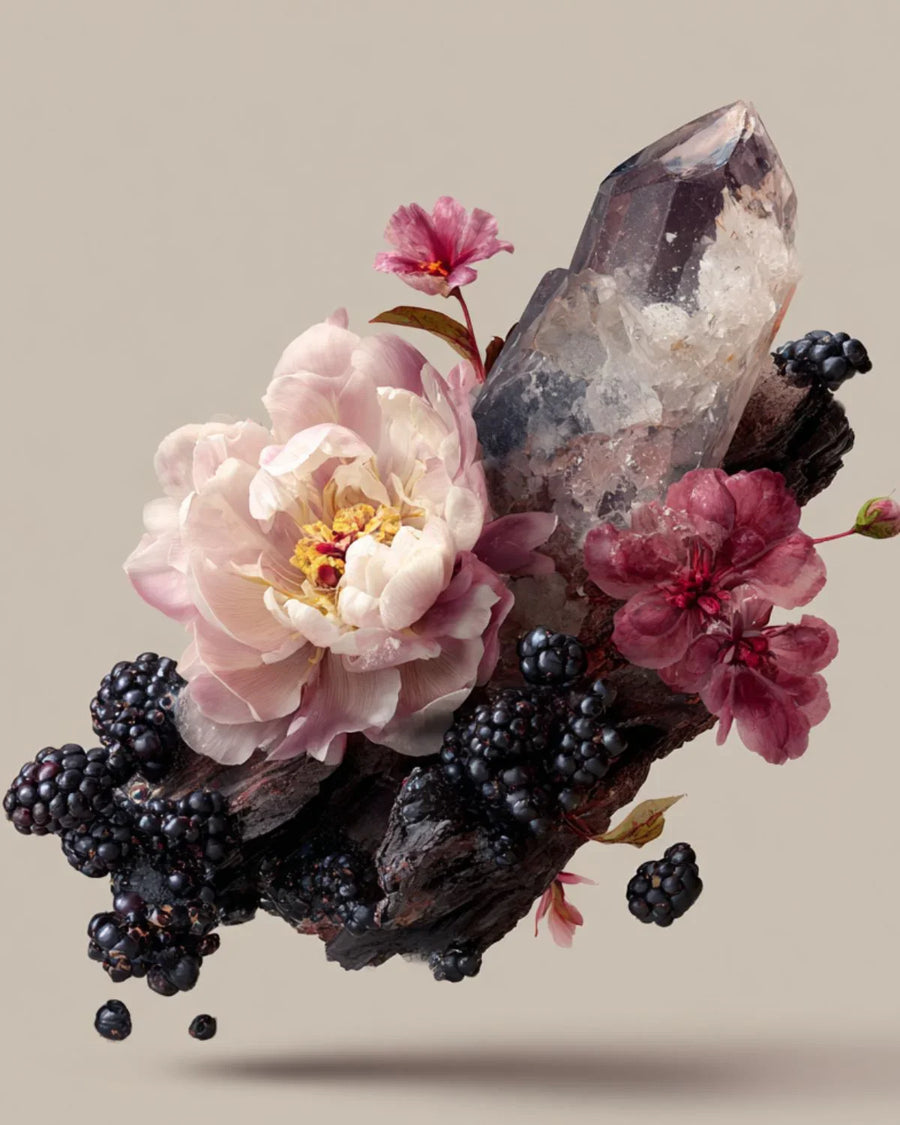 Crystal cluster with pink flowers and blackberries on neutral background