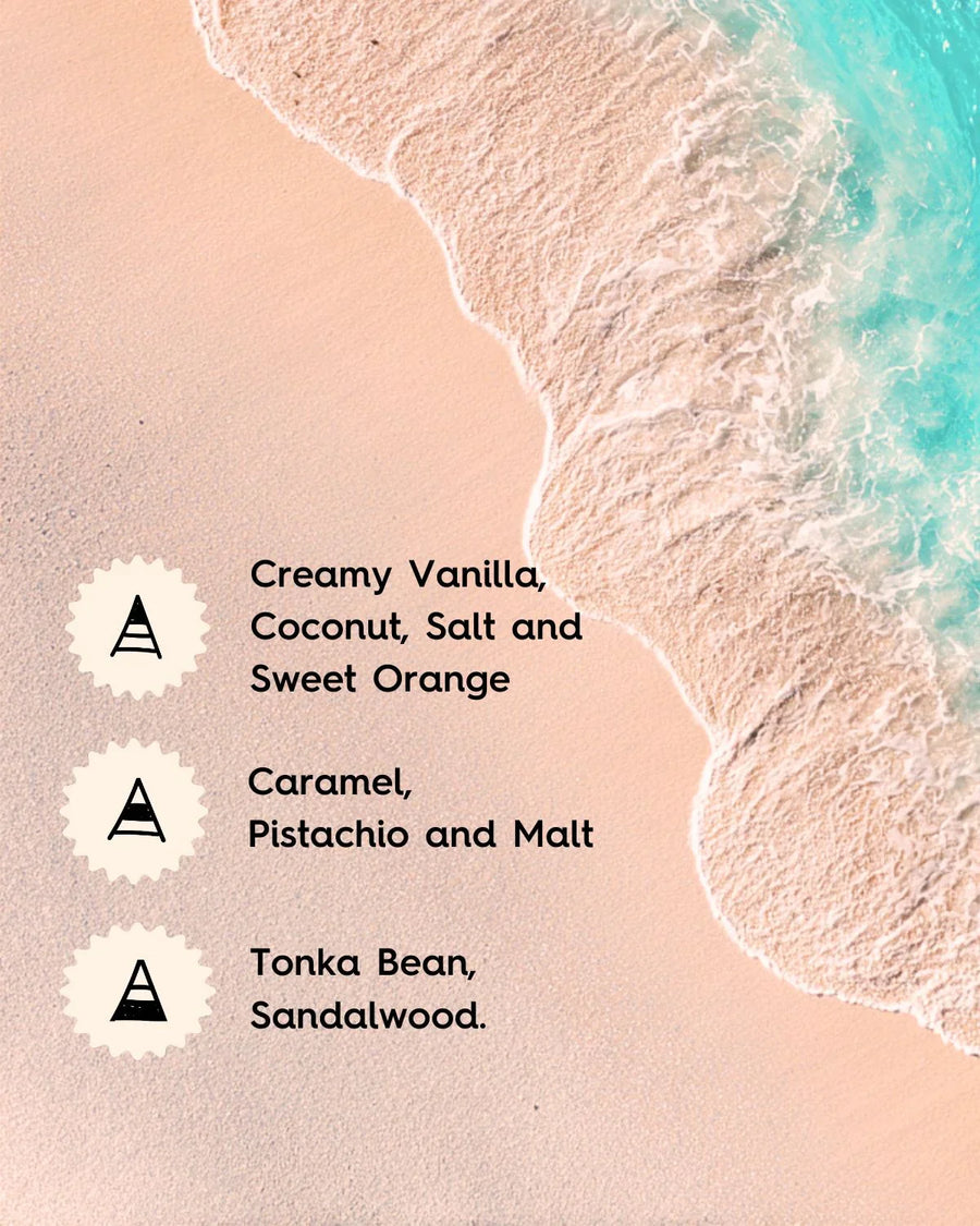Aerial view of beach beside fragrance notes: creamy vanilla, coconut, caramel, sandalwood.