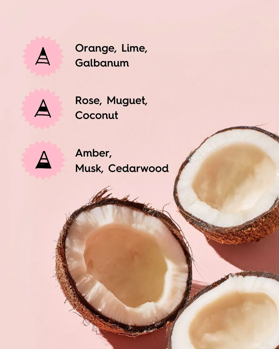 Coconut halves on pink background with fragrance notes: orange, lime, galbanum, rose, coconut, musk.