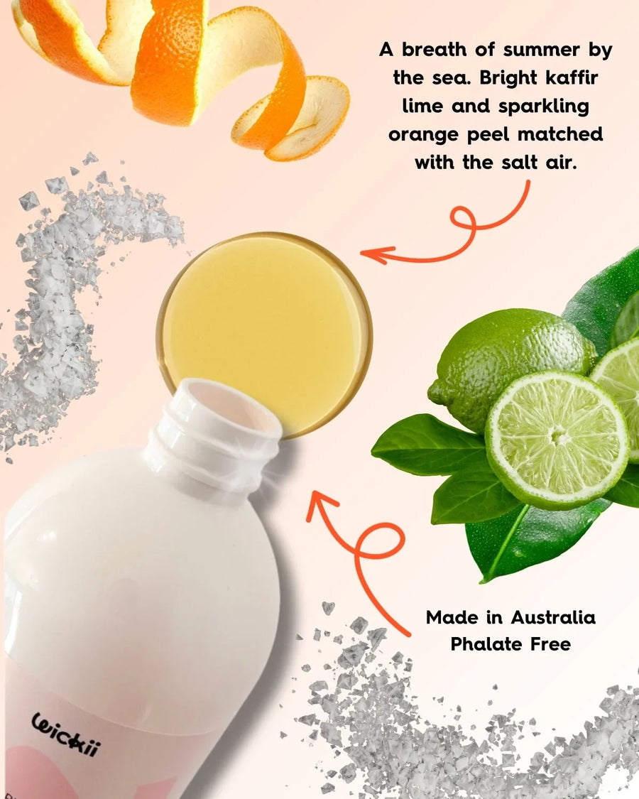 Fragrance oil bottle with orange peel, kaffir lime, sea salt for candle making supplies.